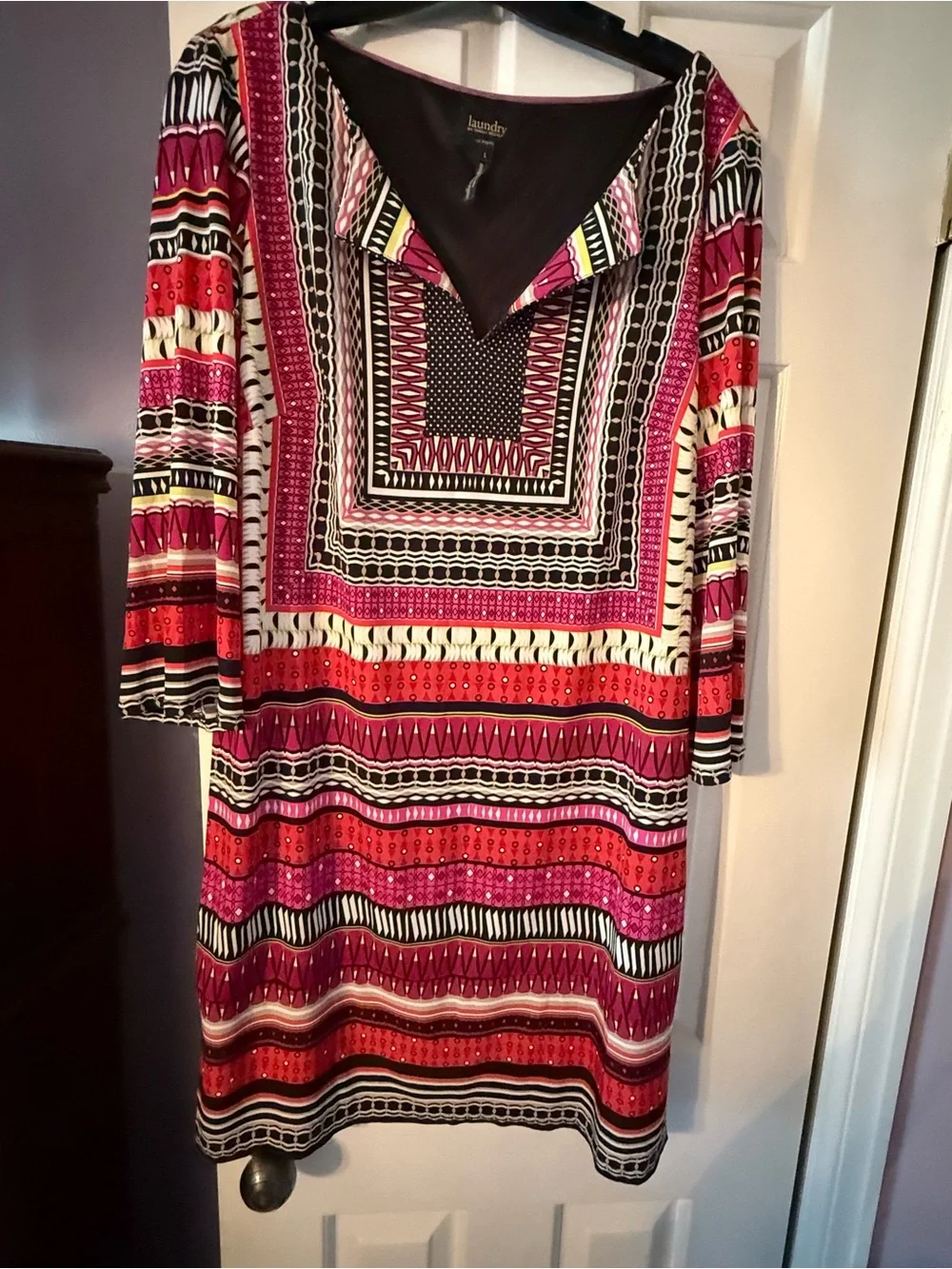 Laundry By Shelli Segal Pink, Red & Black Printed Shift Dress Size L